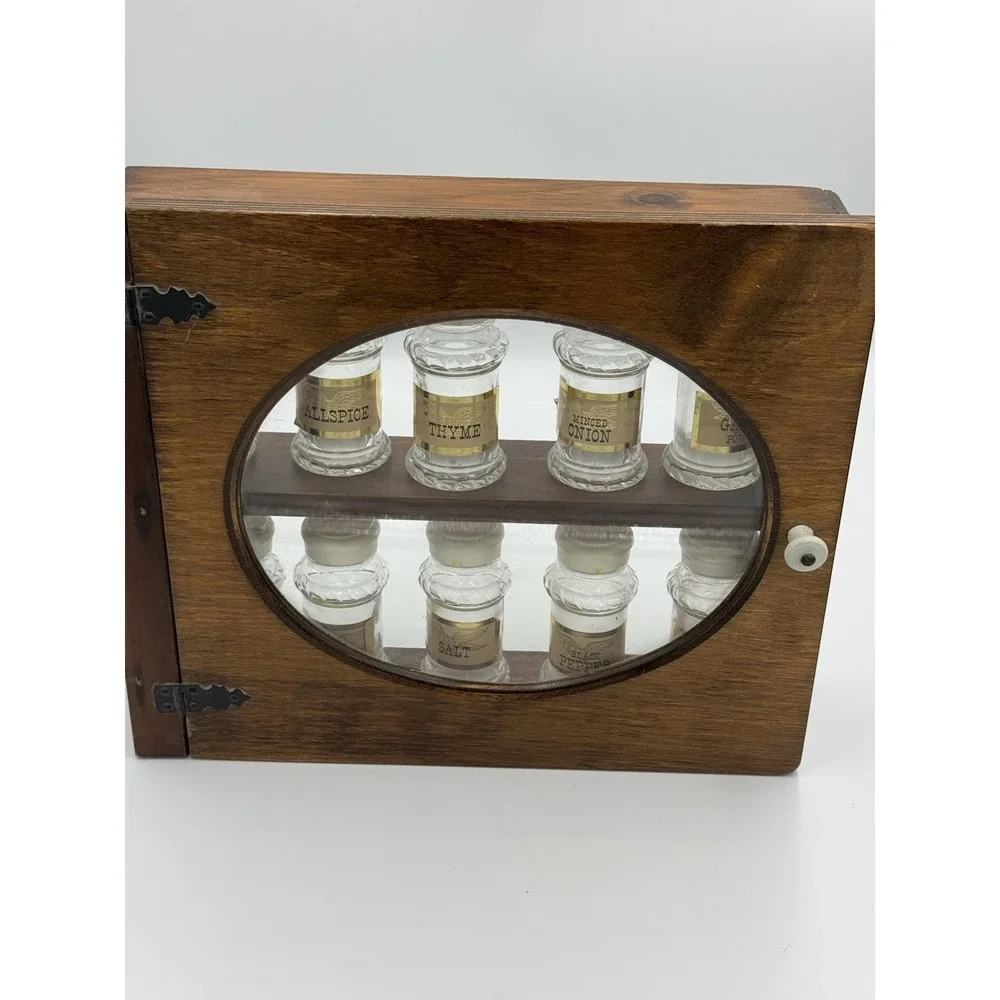 Antique‎ Wood Spice Cabinet Rack w/ 10 Glass Jars & Lids